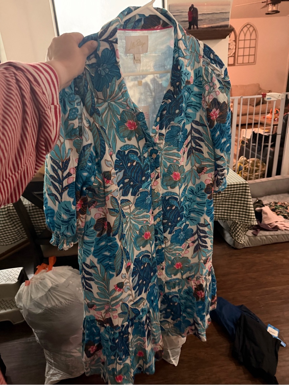 Lilly Pulitzer Teal and Pink Tropical Floral Button-Front Tunic